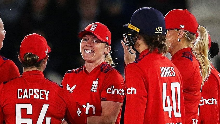 X | England Cricket : England women cricket team celebrate victory over New Zealand women in the 2nd T20I match. 